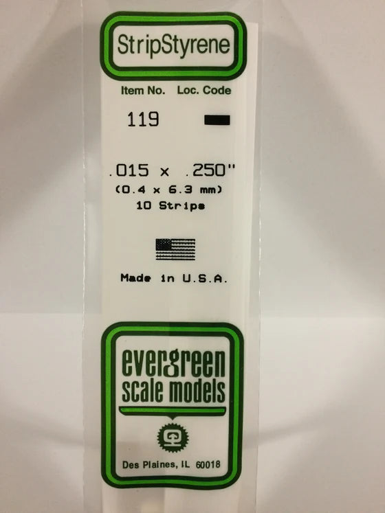 EVERGREEN 119 .015 X .250 STYRENE STRIPS