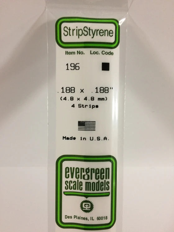 EVERGREEN 196 .188 X .188 STYRENE STRIPS