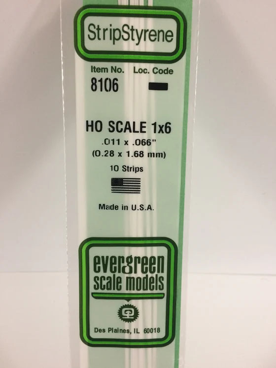 EVERGREEN 8106 .011 X .066 STYRENE HO SCALE STRIPS (1X6)