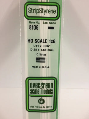 EVERGREEN 8106 .011 X .066 STYRENE HO SCALE STRIPS (1X6)