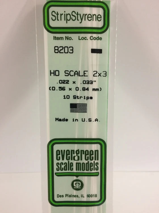 EVERGREEN 8203 .022 X .033 STYRENE HO STRIPS (2X3)