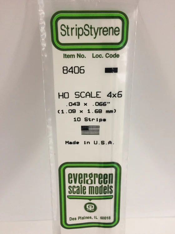 EVERGREEN 8406 .043 X .066 STYRENE HO SCALE STRIPS (4X6)