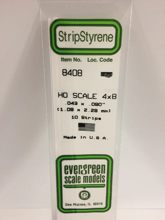 EVERGREEN 8408 .043 X .090 STYRENE HO SCALE STRIPS (4X8)