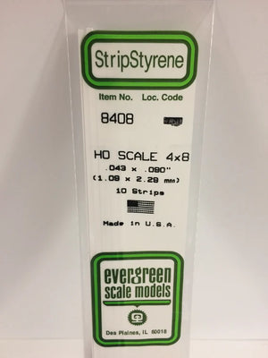 EVERGREEN 8408 .043 X .090 STYRENE HO SCALE STRIPS (4X8)