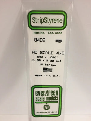 EVERGREEN 8408 .043 X .090 STYRENE HO SCALE STRIPS (4X8)