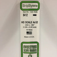 EVERGREEN 8412 .043 X .135 STYRENE HO SCALE STRIPS (4X12)