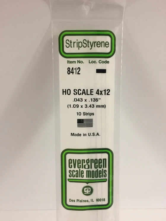 EVERGREEN 8412 .043 X .135 STYRENE HO SCALE STRIPS (4X12)