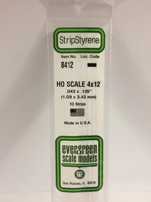 EVERGREEN 8412 .043 X .135 STYRENE HO SCALE STRIPS (4X12)
