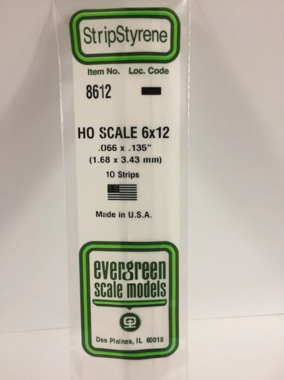 EVERGREEN 8612 .066 X .135 STYRENE HO SCALE STRIPS (6X12)